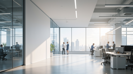Modern office interior with team members working, glass walls, professional environment